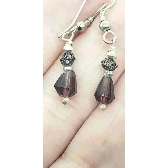 Vintage Sterling Silver & Amethyst Beaded Dangle Drop Earrings Artisan 1970s - Picture 7 of 7